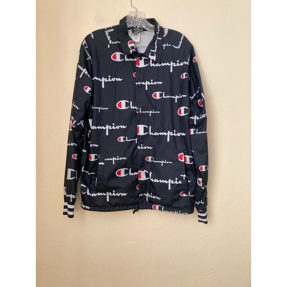 Champion Men's Coaches Jacket Black Satin Size M All Over Spell Out NWOT